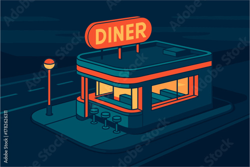 Retro neon diner at night in isometric style illustration
