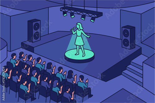 Concert stage with singer and audience in modern flat design