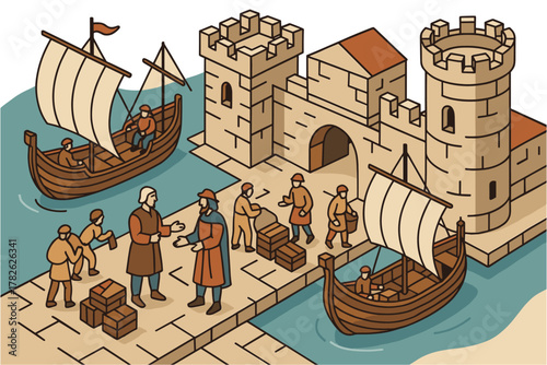 Medieval harbor scene with stone castle and sailboats in isometric style