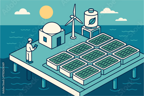 Sustainable offshore aquaculture platform with renewable energy elements in isometric design