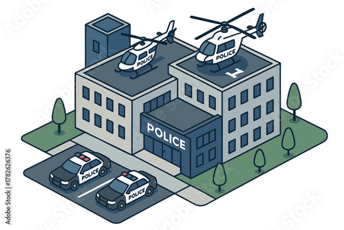 Modern isometric police station with helicopters and patrol cars