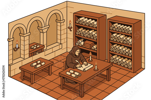 Medieval scribe in ancient library room with candlelight and scrolls
