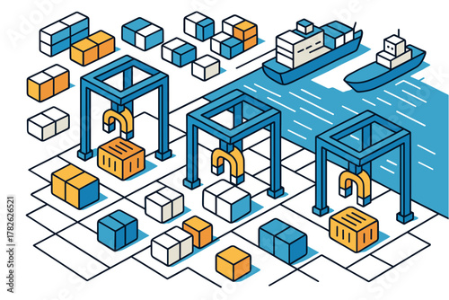 Isometric port scene with cargo ships and cranes in colorful minimalist style