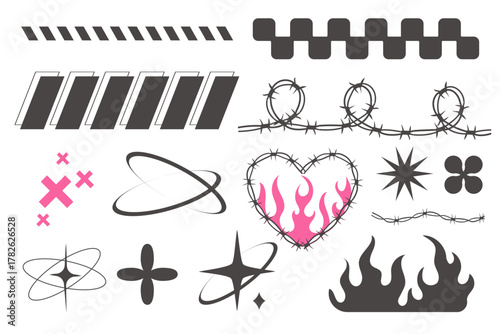 Y2k geometric elements trendy set, heart with flame, barbed wire, grid pattern. Groovy pink and gray cyber retro design elements. 