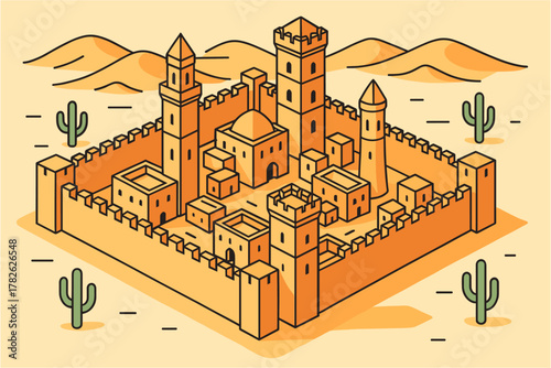Ancient desert fortress in isometric style with towers and walls