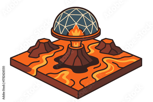 Futuristic lava landscape with geodesic dome and volcanic terrain