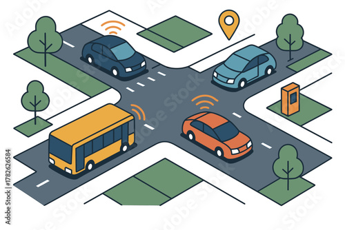 Isometric smart city intersection with connected vehicles and technology elements