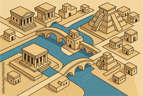 Isometric ancient civilization with temples and bridges on a river