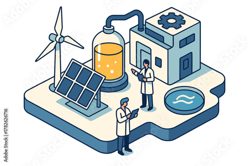 Renewable energy isometric concept with scientists and sustainable technology
