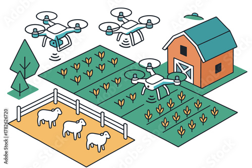 Isometric drones monitoring smart farm with livestock and crops