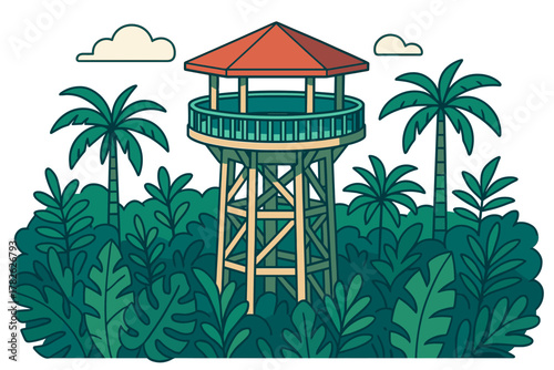 Tropical observation tower in lush jungle with palm trees and clouds