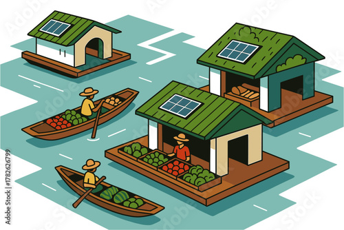 Isometric floating market scene with boats and solar-powered houses