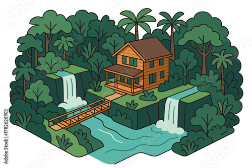 Cozy wooden cabin amidst jungle waterfalls and verdant forest scenery