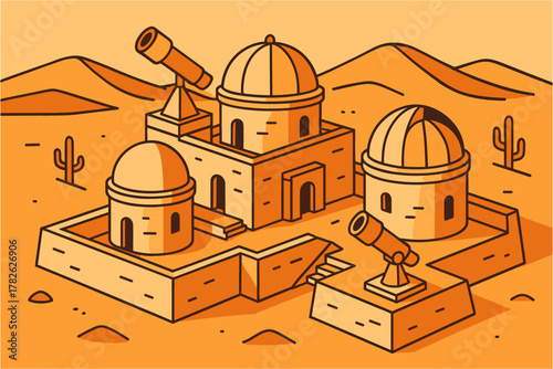 Isometric desert observatory with telescopes and mountains in bold linear style