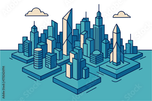 Isometric futuristic cityscape with geometric skyscrapers and floating platforms