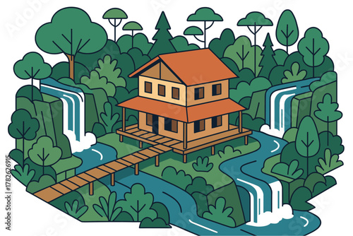 Serene forest retreat with waterfalls and wooden cabin in a lush landscape