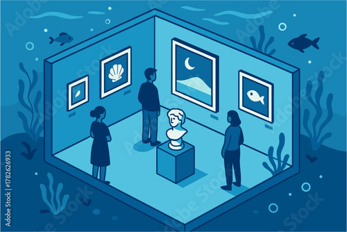 Immersive isometric art gallery underwater scene with visitors and ocean elements