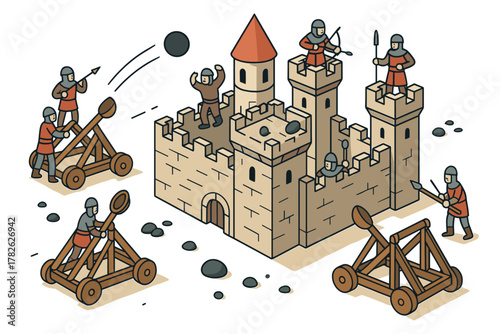 Medieval castle defense with soldiers, catapults, and stone walls in isometric design