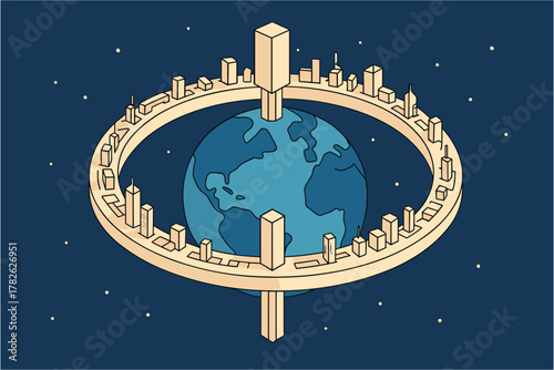 Futuristic isometric city encircling earth in space with stars