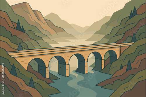 Scenic landscape with arched bridge and mountainous terrain in minimalist style