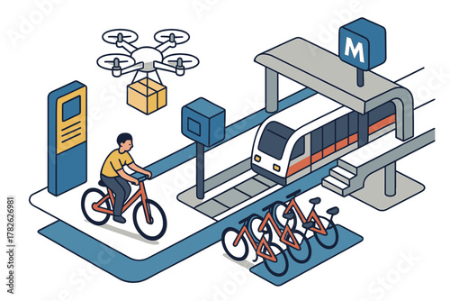 Isometric urban transportation hub with train, bicycles, and drone delivery