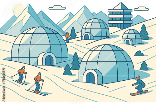 Winter adventure in igloo village with skiers in scenic mountain landscape