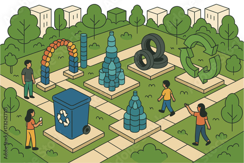 Eco park with creative recycling art installations and green spaces