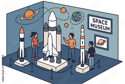Isometric space museum exhibit with visitors and rocket displays in science center