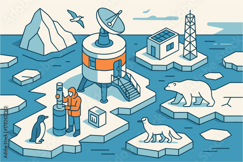Arctic research station with wildlife and icebergs in isometric style