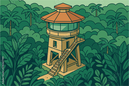 Tropical forest watchtower in lush greenery