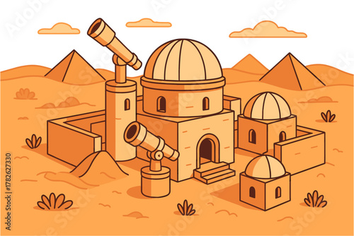 Desert observatory in linear style with telescopes and ancient architecture
