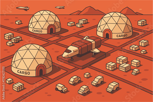 Futuristic mars cargo base with geodesic domes and spaceship