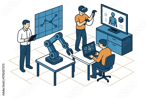 Team collaborating with robotics and virtual reality in modern office