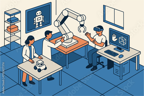 Collaborative isometric lab scene featuring robotics and virtual reality technology