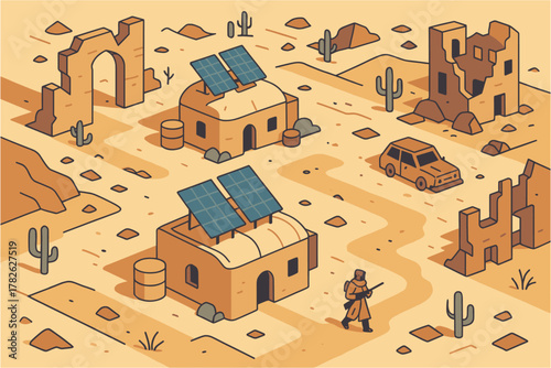 Desert landscape with solar-powered buildings and ruins in isometric style
