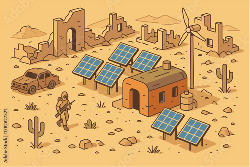 Post-apocalyptic desert scene with solar panels and wind turbine in rustic style