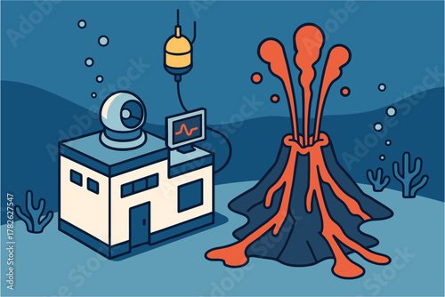 Isometric underwater observatory with erupting volcano and coral environment