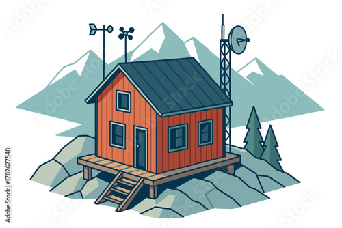 Rustic cabin with antenna and weather station in mountain landscape