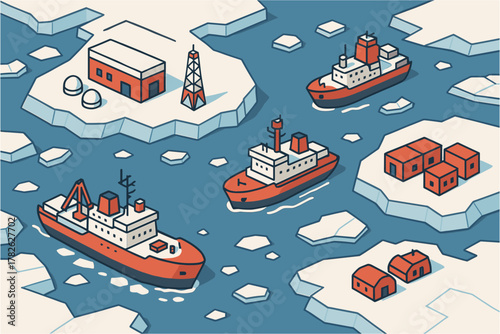 Isometric arctic shipping scene with icebreakers and polar structures