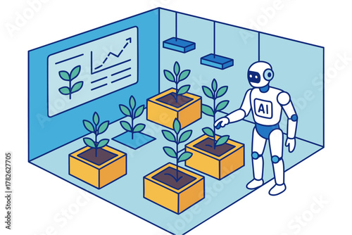 Ai robot tending smart indoor garden with data display in isometric design