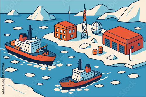 Arctic research station with icebreakers and communication towers in isometric style