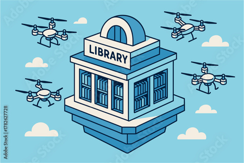 Isometric library with delivery drones in blue cloudy sky
