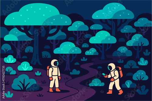 Futuristic forest adventure with explorers in a vibrant night landscape
