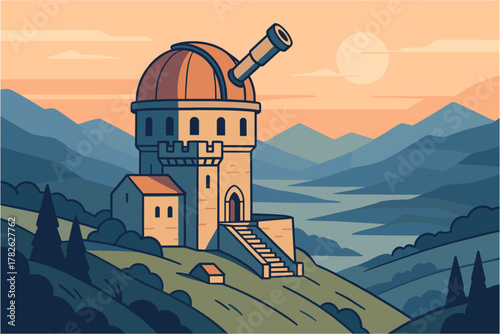Observatory tower on scenic hill with telescope at sunset