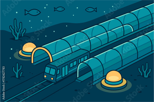Isometric underwater subway with transparent tunnel and marine life scene