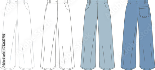 Fashion pants technical sketch, garment design stages, flat vector illustration, CAD drawing, clothing rendering, apparel blueprint, fashion flats, editable template