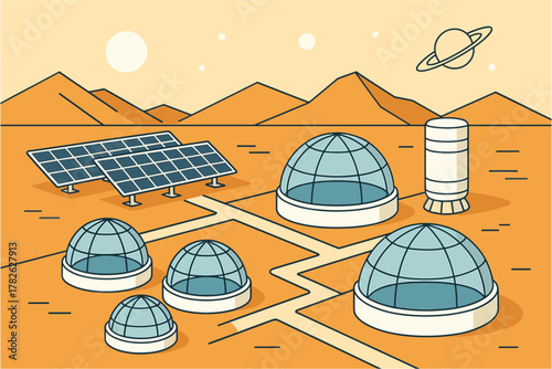 Futuristic martian colony with solar panels and domes in linear desert landscape
