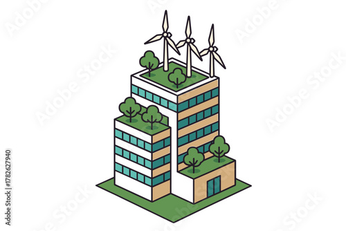 Eco-friendly urban buildings with wind turbines and green roofs in isometric design