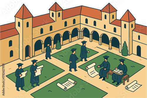 University graduation ceremony in historic courtyard with graduates in cap and gown