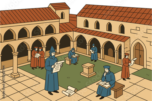 Medieval monastery courtyard with monks in traditional clothing engaged in study